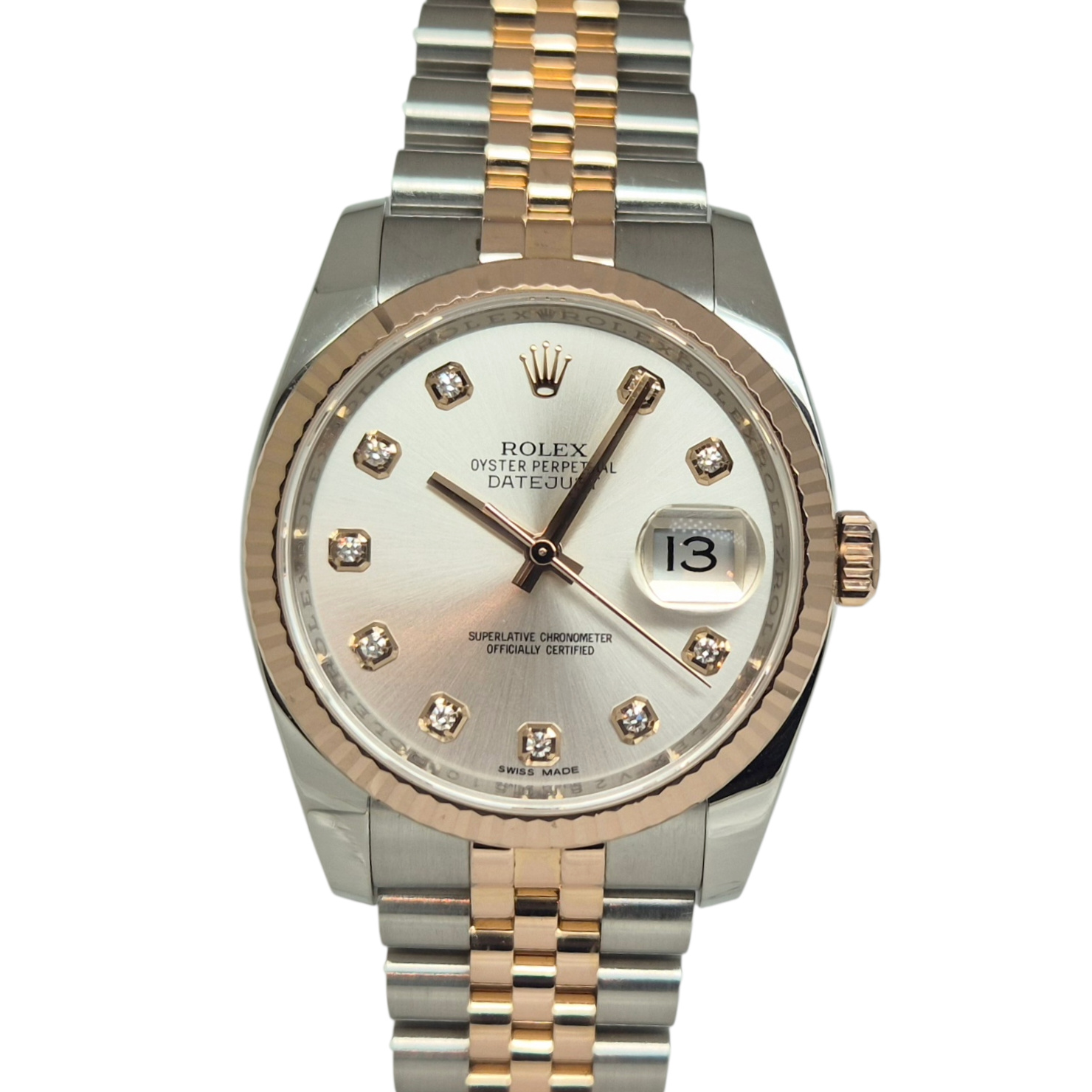 Rolex Datejust 36mm Automatic steel/18k Rose Gold Jubilee Silver Diamond Dial - 116231